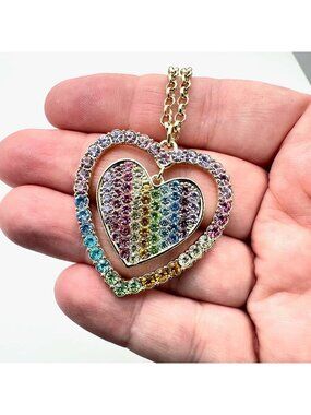 Kirks Folly Womens Necklace Gold Tone Crystal Rainbow Love Heart